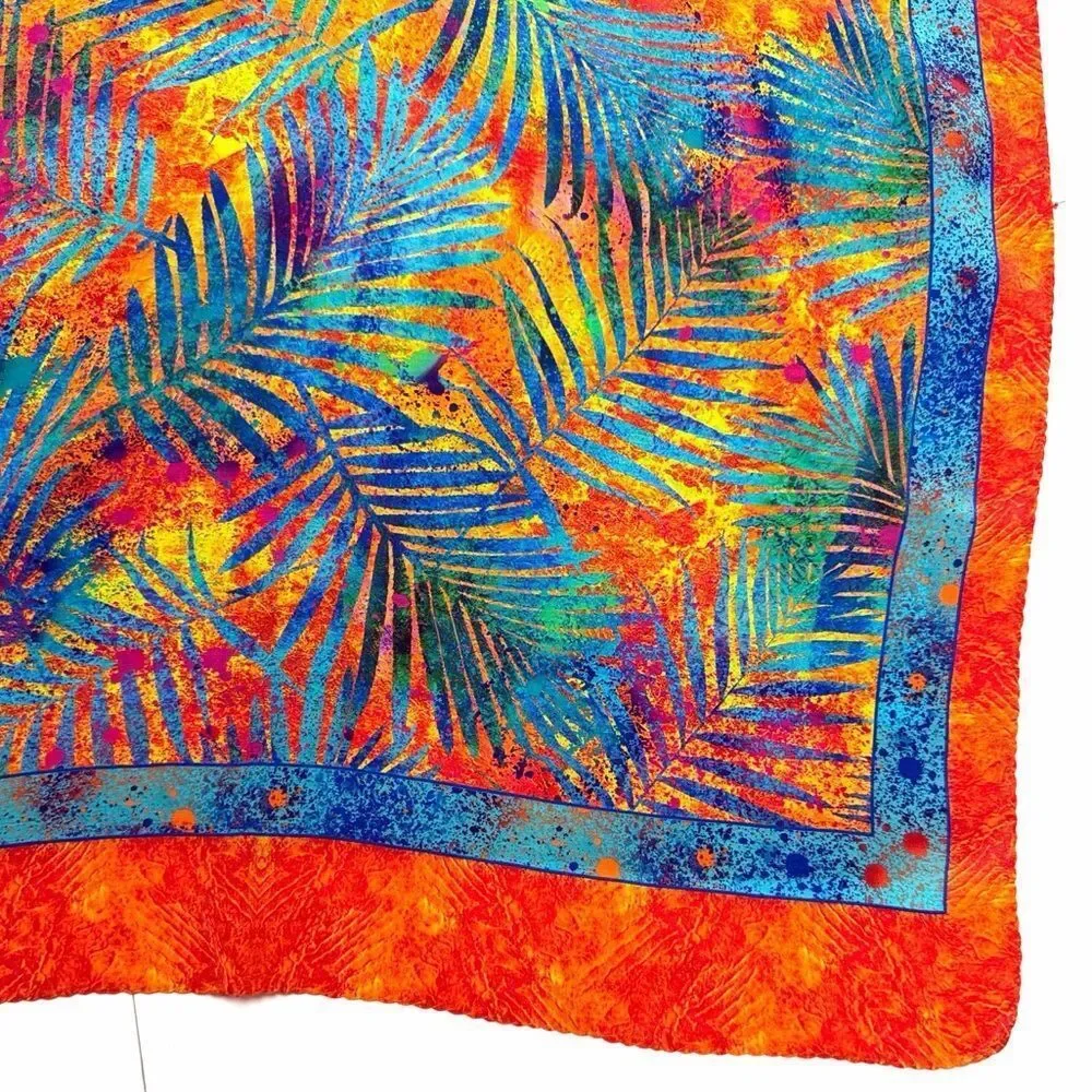 Christina Large Silk Oblong Scarf Wrap Orange Blue Tropical Print 20,5x74